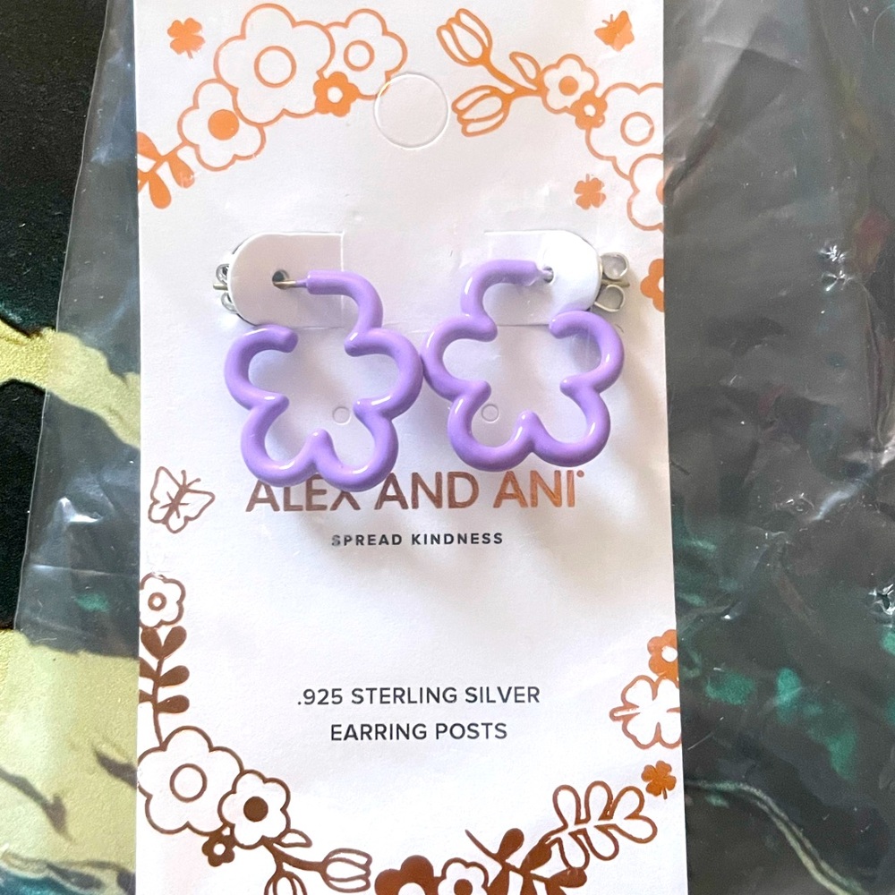 NWT Alex and Ani Floral Huggie Hoop Earrings in Purple